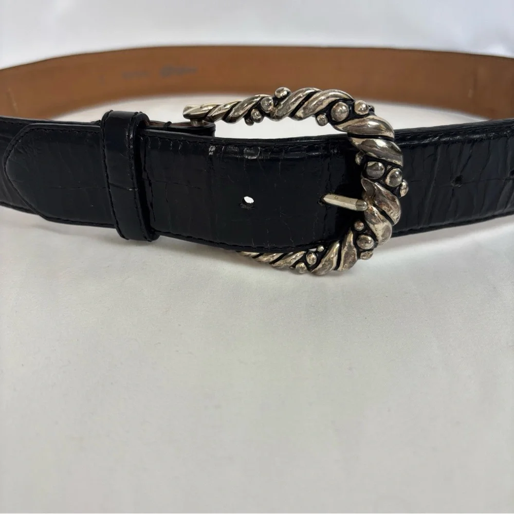 Brighton Belt Womens Size L Black Alligator Embossed Leather Silver Buckle 90s